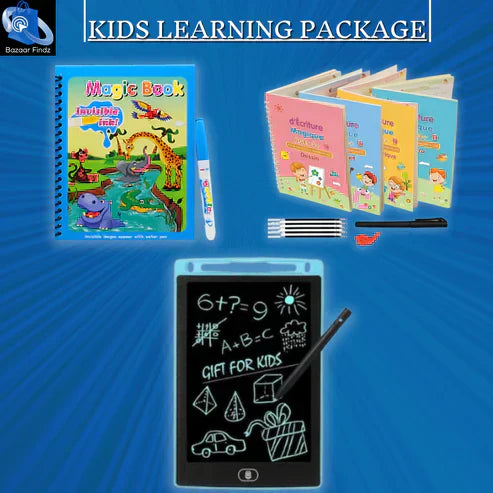 Three In One Kids Learning Deal (Sank Magic Book + Water Magic Book + 8.5 Inches Writing Tablet)