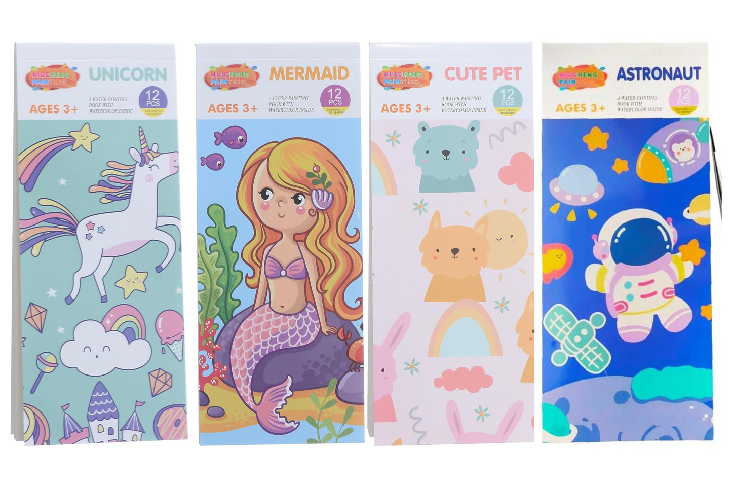 Magical Watercolor Coloring Book of 12 Pages with Paint Brush